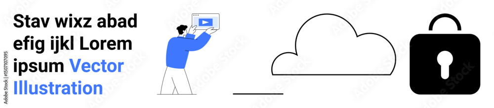 Poster man holding display with play button, abstract cloud, and padlock symbolizing online storage, networ