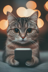 Cat scrolling on a fake phone, A cute cat with big eyes holding a smartphone, surrounded by soft bokeh lights, showcasing a cozy and modern atmosphere.