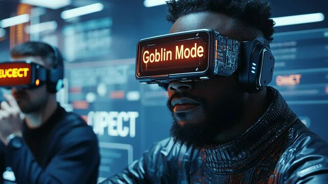 slang word Goblin Mode neon world on futuristic VR glasses screen, group of people in futuristic theme, black man 