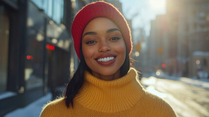 Smiling woman in red beanie and yellow sweater on sunny winter city street, joyful expression, urban winter fashion, International Day of Happiness, cheerful winter vibes
