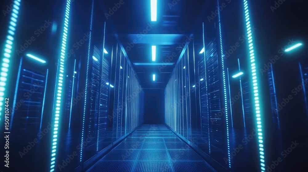 Fototapete futuristic blue-lit server corridor in a high tech data center featuring glowing racks and reflectiv