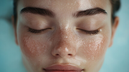 Close-up of serene woman with glowing skin, eyes closed, highlighting natural beauty and skincare, peaceful expression, self-care concept