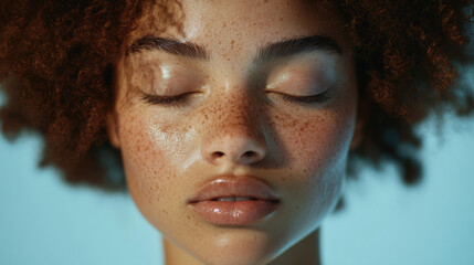 Close-up of serene young woman with freckles and curly hair, eyes closed, glowing skin, peaceful expression, soft lighting, beauty and tranquility concept