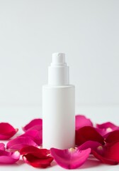 mockup white bottle of perfume with rose petal
