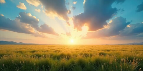 Fototapeta premium Vast, flat expanse of grassland stretching to the horizon under a dramatic sky Perfect for illustrating concepts of openness, freedom, and the natural world , agriculture, open space