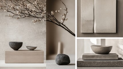 moodboard of interior design, Scandinavian, Japandi styles in light beige
