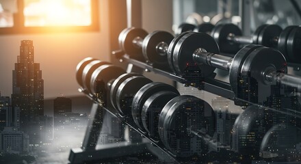 Fototapeta premium gym interior with dumbbells and cityscape overlay in modern double exposure promo visual