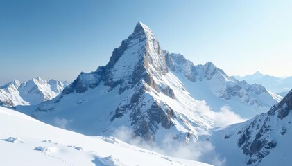 Snow-covered mountain peak, pristine white landscape, peaceful, crisp