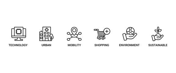 Smart city banner web icon set vector symbol illustration concept with icon of technology, urban, connection, mobility, shopping, environment and sustainable