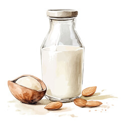 My Watercolor illustration, illustration almond milk in bottle and almond painting illustration isolated on a white background, illustration, AI painting design, vector illustration set, eps format