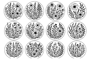Hand Drawn Botanical Circle Icons &ndash; Floral Line Art Set in Black and White"