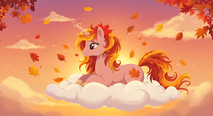 Obraz premium Autumnal Unicorn: A Dreamy Scene with Fall Colors and Floating Leaves