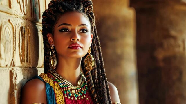 pretty young black African woman in ancient tribal queen attire with gold or bronze necklace and earrings at ancient palace