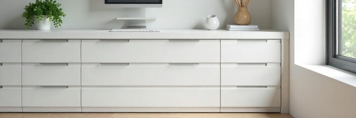 Sleek modern office drawers in white, providing ample storage solutions for a clean and organized workspace Ideal for home or professional offices , interior design, minimalist office