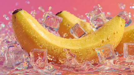 Fresh Banana Water Splash with Ice Cubes
