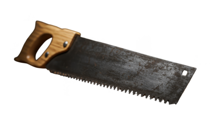 Realistic Image Of Rusty Metal Hand Saw With Wood Handle on Transparent Background