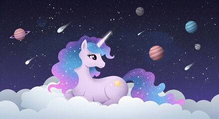 Fototapeta premium Dreamy Unicorn in a Stellar Galaxy, Celestial Illustration