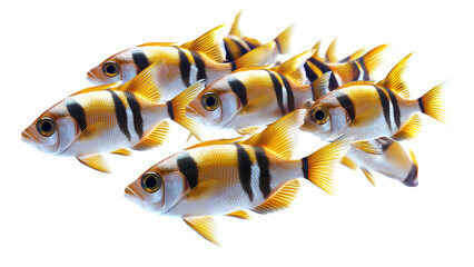 School of Yellow and Black Striped Tropical Fish on White Background