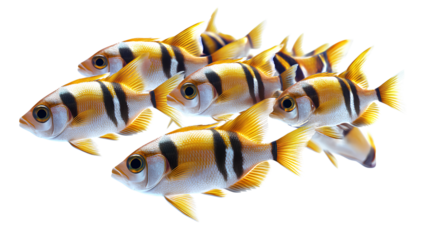 School of Yellow and Black Striped Tropical Fish on White Background