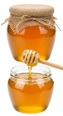 Realistic Image of Two Jars of Golden Honey with Transparent Background