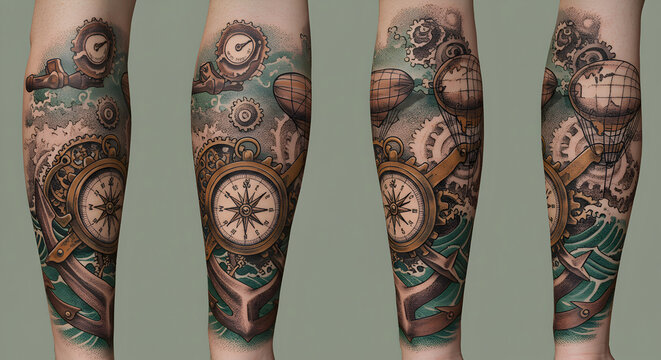 Elaborate steampunk tattoo design on an arm depicting maritime and aviation elements