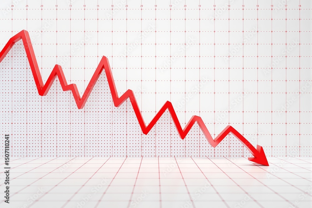Poster red arrow dropping on a white financial chart background with grid lines and dots, symbolizing econo