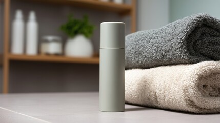 Skincare Bottle Beside Neatly Folded Towels in a Modern Bathroom Setting During Daylight Generative AI