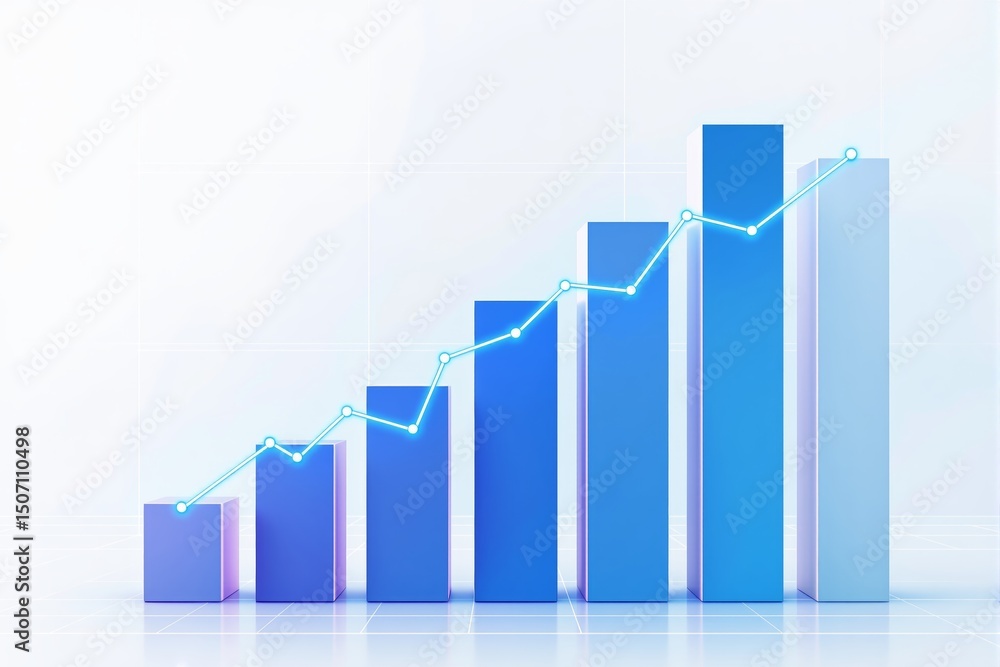 Poster blue bar chart with glowing line graph showing business growth, futuristic graphic style, on a light