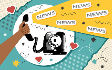 Phone call retro collage banner in pop art style. Hand holding phone. Concept of talking, news, information transfer, technology, connection, communication,  gadgets. Vector trendy background.