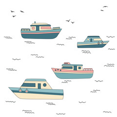 Marine pattern with cartoon cute boats on white background