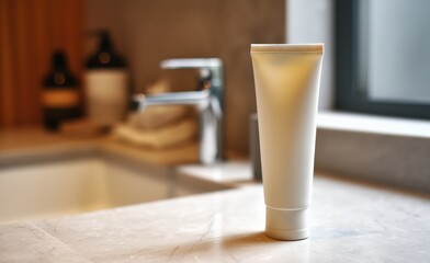 Minimalist Skincare Product Displayed on a Marble Countertop Near a Modern Faucet in a Bright Bathroom Setting Generative AI