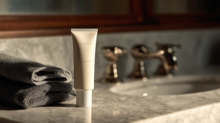 Luxury Skincare Product Placed Elegantly on a Marble Countertop Beside Fluffy Gray Towels in a Tranquil Bathroom Setting During the Morning Light Generative AI