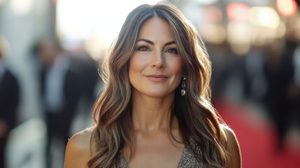 Elegant woman in evening gown on red carpet at glamorous event, confident and poised expression, evening setting, luxury lifestyle concept