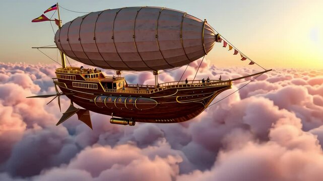 Steampunk airship floating above the clouds.