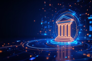 Glowing digital bank icon with futuristic circuit design on abstract cyber background, representing finance, business technology, and innovation. Ai generative