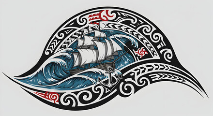 Illustration of a Polynesian-inspired ship sailing through tumultuous ocean waves