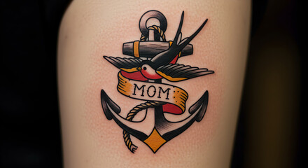 Classic Tattoo Design Depicting Anchor, Bird, and Banner Displaying the Word Mom