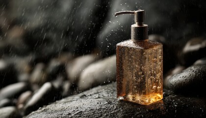 Clear Liquid Soap Dispenser on Wet Stones During Light Rain, Capturing a Serene Moment in Nature Generative AI
