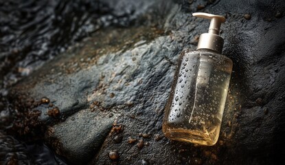 Elegant Clear Bottle of Liquid Soap Resting on a Textured Dark Rock Near Flowing Water During Daylight Generative AI