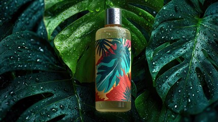 Colorful Tropical Lotion Bottle Placed Among Lush Green Leaves With Water Droplets in a Serene Setting Generative AI