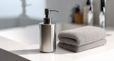 Modern Bathroom Setting Featuring a Sleek Soap Dispenser and a Plush Towel on a Marble Countertop Generative AI