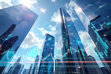 Tall glass skyscrapers with financial graphs and numbers overlay, futuristic graphic style, city background, concept of digital business and finance, Ai generative