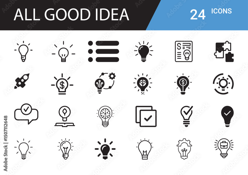 Poster all good idea icons: a set of 24 diverse, minimalist icons representing innovation, creativity, and 