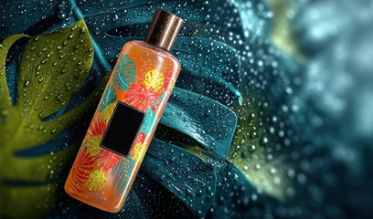 Colorful Tropical Shower Gel Bottle Resting on a Vibrant Leaf Surface Adorned With Droplets of Water Generative AI