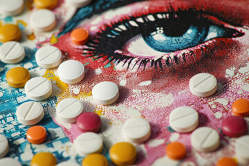 Colorful pills scattered on vibrant pop art background with eye illustration, artistic and surreal concept, creative expression, World Art Day, art and health fusion