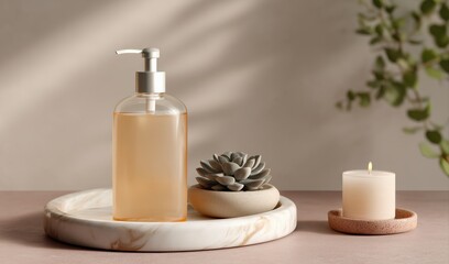 Decorative Arrangement of Soap Dispenser, Candle, and Succulent on Marble Tray in Serene Indoor Setting Generative AI