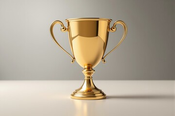 Shiny gold trophy cup with ornate handles on white table, photorealistic style, soft neutral background. Concept of success, award, business achievement. Ai generative