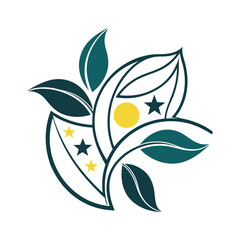 Elegant Floral Emblem with Leaf Motif and Star Elements