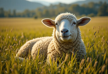 Obraz premium Smiling Sheep Relaxing in a Green Field
