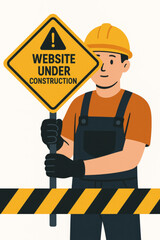 Website under construction warning sign held by professional construction worker wearing safety gear hard hat. Web development maintenance building progress concept vector